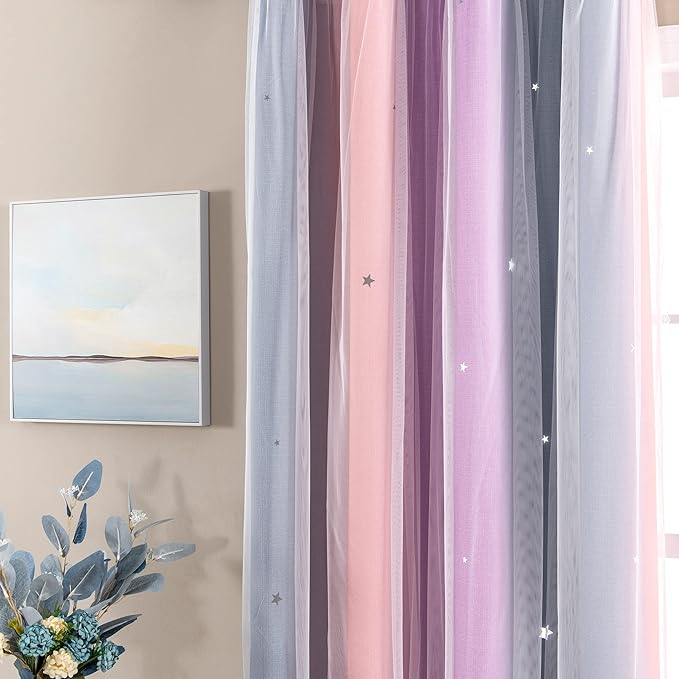 XiDi Curtains for Bedroom Decor, Rainbow GreyPinkPu-52-90