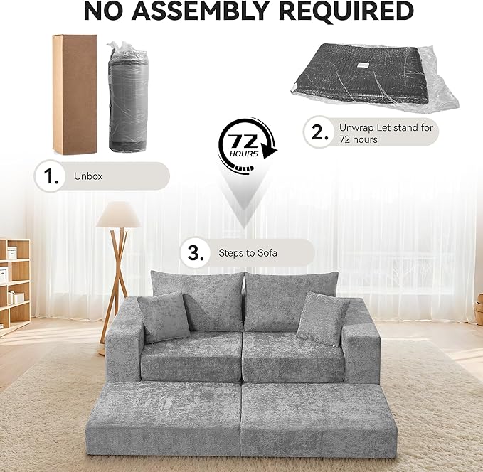 Boneless Sectional Loveseat Couch with Ottoman, Convertible Modular Floor Sleeper Sofa Bed, Comfy Foldable Compression Love Seat Sofa for Living Room, No Assembly, Light Grey