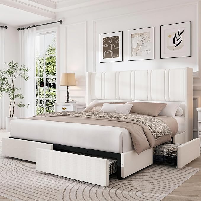 LARMACE King Size Bed Frame with 4 Storage Drawers and Wingback Headboard Linen Upholstered Platform Bed Frame with Wooden Slats, Easy Assembly, White