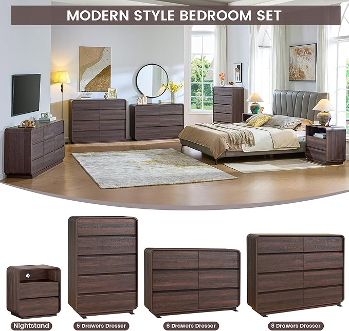Modern 8 Drawer Dresser, 47- Inch Wood Chest of Drawers with Large Storage, Walnut Dresser Closet for Bedroom, Living Room, Nursery.