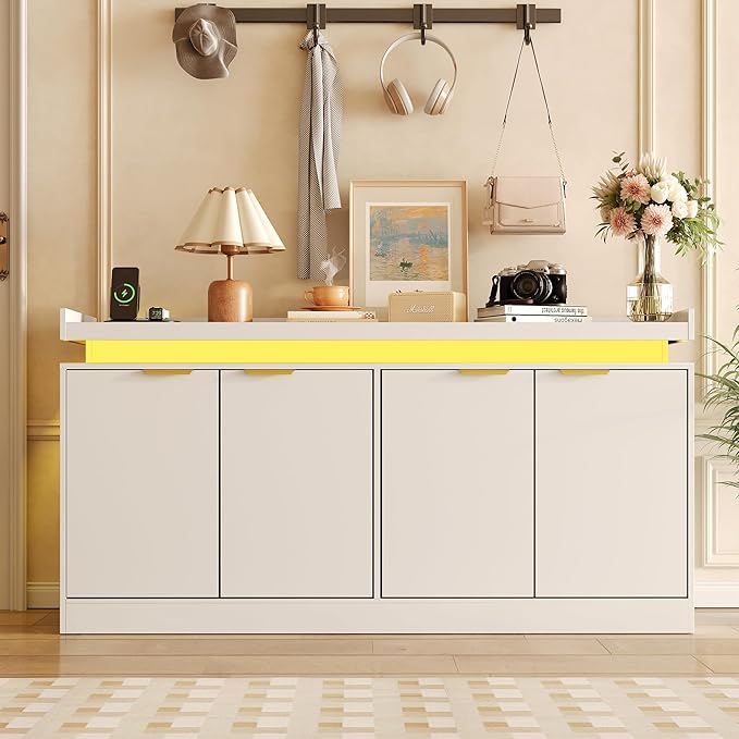 LED Sideboard Buffet Cabinet with Storage, 63'' Large Kitchen Buffet Cabinet Storage Cabinets with 4 Doors, Wood Coffee Bar Cabinets Buffet Table for Kitchen, Dining Room, Entryway