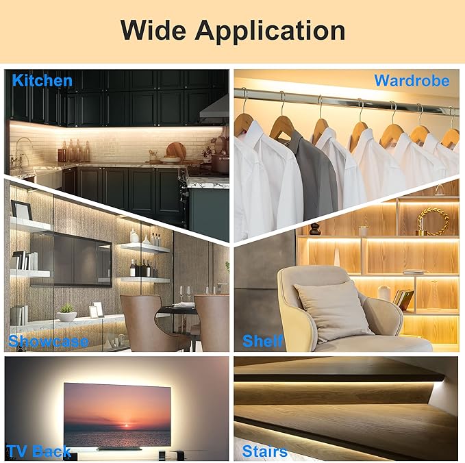 LAFULIT 10 PCS Under Cabinet Lights Kit, Motion Sensor LED Strip Lights with Remote, Dimmable and Timer Warm White Counter Lights for Kitchen Cabinets, Cupboards, Closets, Stairs, Shelf, Desk, and Bed