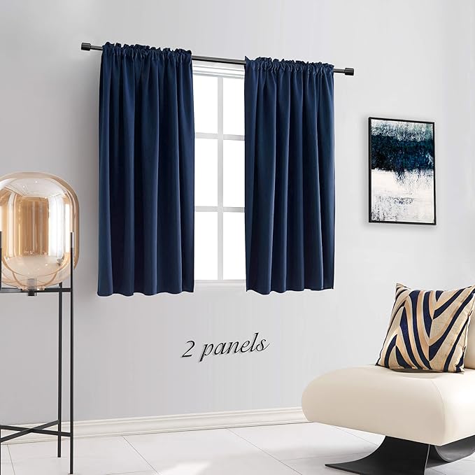 DONREN 48 Inch Curtains for Boy's Room - Blackout Thermal Insulated Window Drapes with Rod Pocket for Short Windows (2 Panels,52 x 48 Inch,Navy Blue)
