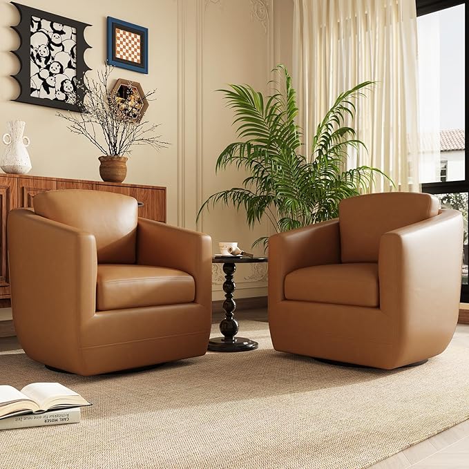 360° Swivel Accent Chair- Comfy Living Room Armchair No-Sag Foam & Sturdy Metal Base with Pillow, Fully Assembled Swivel Accent Single Sofa for Bedroom Living Room, Office, Brown
