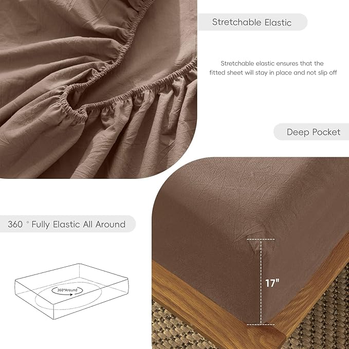 MooMee Fitted Bottom Sheet Only 100% Washed Cotton Linen Like Textured Breathable Durable Soft Comfy Deep Pocket Fits Mattress up to 17" (Brown, Queen)