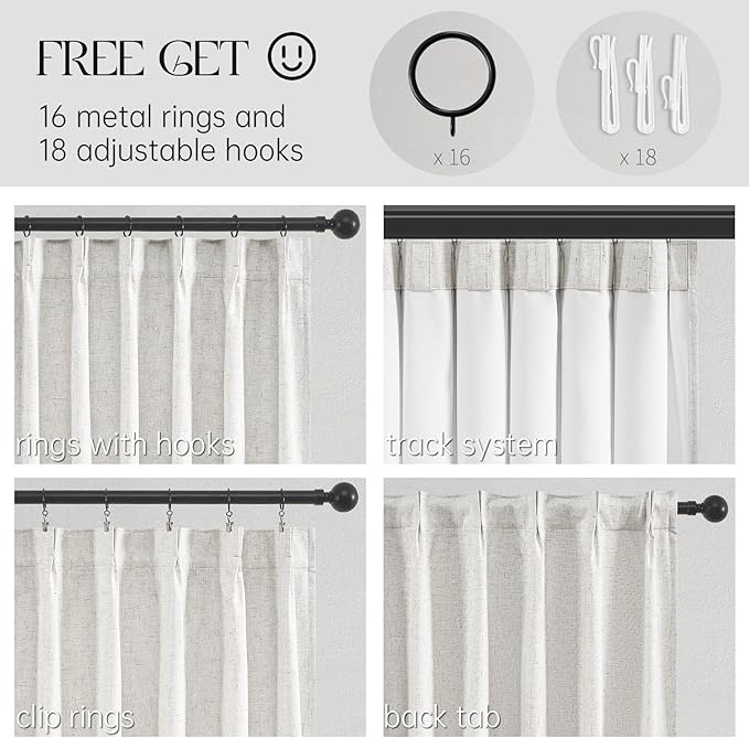 Topfinel 102 Inches Long Custom Blackout Linen Curtains, Pinch Pleated Noise Cancelling Curtains with Pin Hooks for Traverse Rods, Burlap Viral Drapes 2 Panels for Living Room Master Bedroom