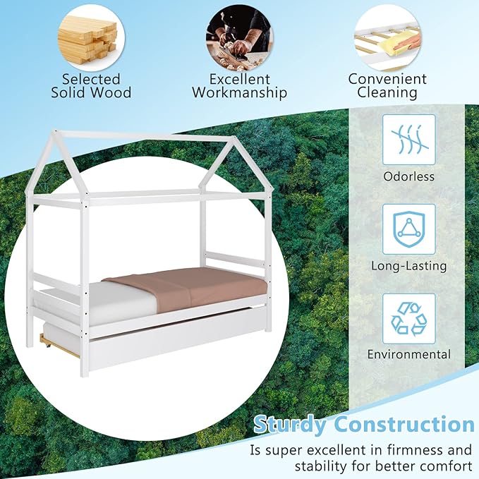 Giantex House Bed with Trundle, Solid Wood Twin Size Daybed for Girls & Boys, Kids Platform Bed Frame with Roof for Bedroom, No Box Spring Needed, White