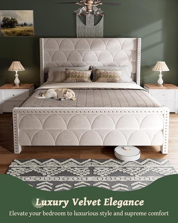 King Size Bed Frame with 56" Headboard - Velvet Upholstered Wingback Platform Bed Frame, Noise Free, Sturdy Wooden Slat Support (Cream, King)