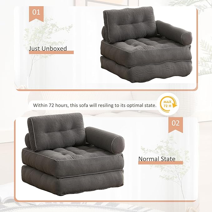 Plus Futon Sofa Bed for Small Spaces, Floor Couch with Armrest, Folding Sofa Couch, Convertible Sleeper Chair Bed with Pillow, Portable Comfy Floor Lounge for Living Room and Bedroom, Grey