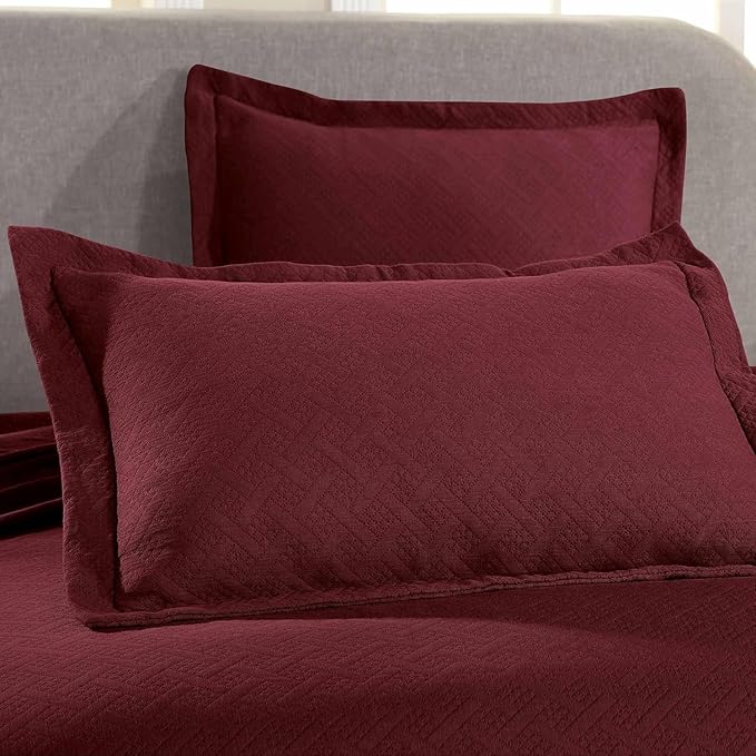 Superior 100% Cotton Basket Weave Bedspread with Shams, All-Season Premium Cotton Matelasse Jacquard Bedding, Quilted-Look Geometric Basket, Twin, Garnet