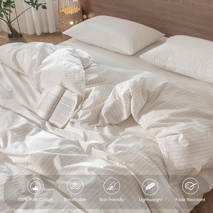 MooMee Striped Duvet Cover Set 100% Washed Cotton Linen Like Textured Breathable Durable Soft Comfy (White Almond Milk Grey Wide Stripes, Queen 90"x90")