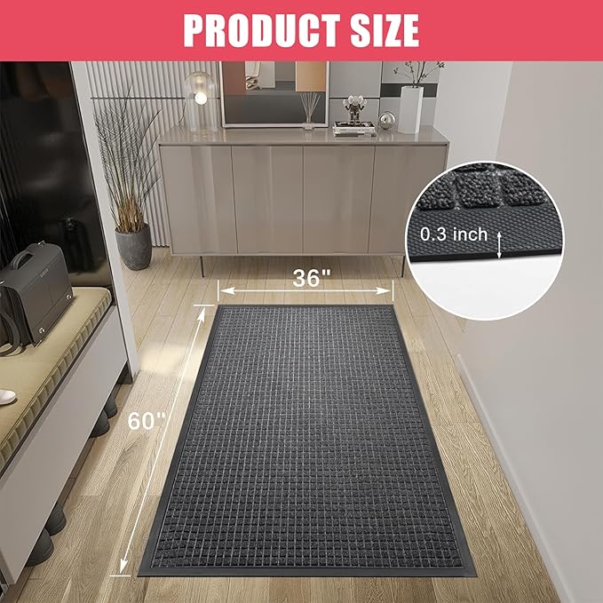 Kuyal Front Door Mat, 3'*5' Door Mat for Inside Outside Entrance,Waterproof Welcome Mats with Non-Slip Backing, Indoor Outdoor Entryway, Commercial Floor Mats, Durable & Easy to Clean, Dark Gray