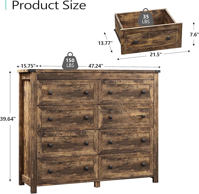 Dresser for Bedroom with 8 Drawers, Farmhouse Wood Chest of Drawers, Wide TV Stand Closet Storage Furniture with Metal Handle, Modern Clothes Organizer for Hallway, Living Room, Entryway, Brown