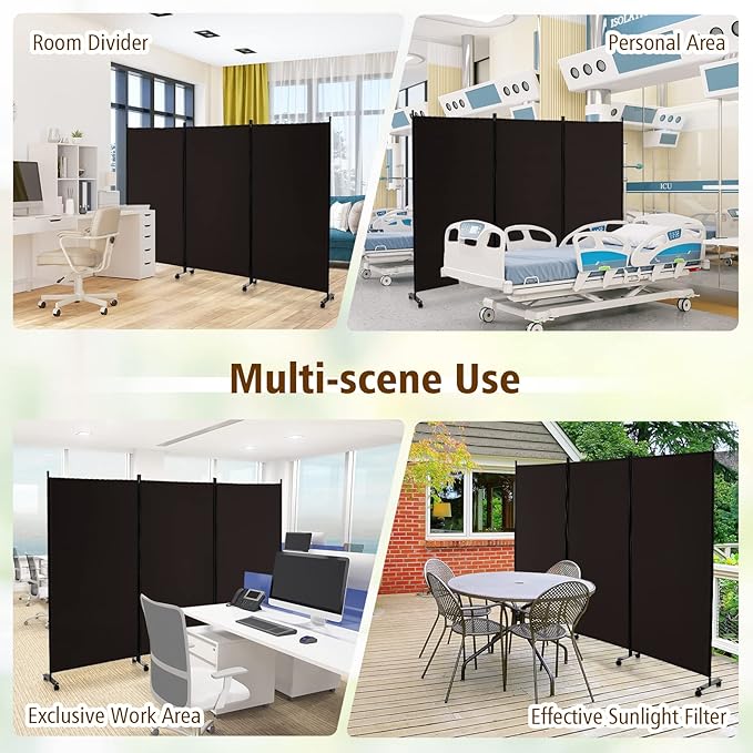 GOFLAME 3 Panel Folding Room Divider, 6FT Rolling Privacy Screen with Lockable Wheels, Portable Room Partition Screen, Freestanding Wall Divider and Separator for Home Office, Brown