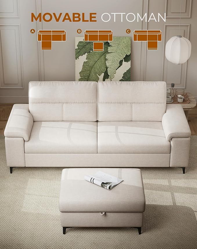 88.97" L Shaped Sectional Couches for Living Room, Deep Seat Sofa with Big Storage Ottoman & 8”Cushion, Comfy 2-Seater Chenille Loveseat, Convertible Armrest, Removable Cover for Small Space(Beige)