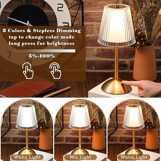 Liliful 2 Pcs Cordless Table Lamp Rechargeable Touch LED Small Gold Portable Battery Operated USB-c Desk Lamp 3 Color Dimmable for Bedroom Living Room Dining (Gold,Hollow Lined Style)