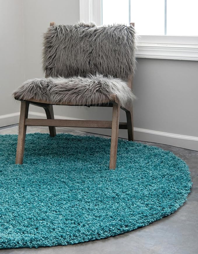 Unique Loom Solid Shag Collection Area Rug (3' 3" Round, Deep Aqua Blue)