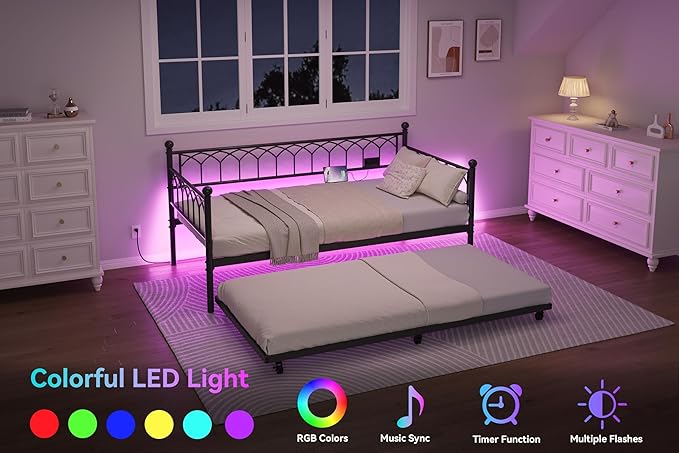GarveeHome Daybed with Trundle, Metal Twin Trundle Bed with Charging Station & LED Lights, Sofa Beds Frame with Pull Out Bed for Living Room, Guest Room, Apartment, Small Spaces, Black