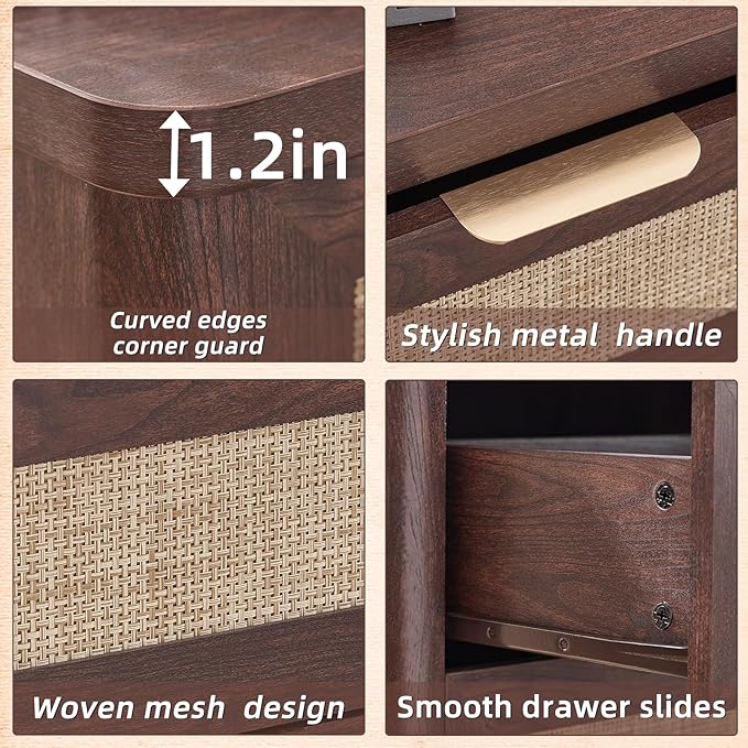 LEYAOYAO Rattan Nightstand with Charging Station, 23" Wide Boho Night Stand with Drawer, Walnut Bedside Table Open Storage Cabinet, Bed Side End Tables Dresser for Bedroom, Living Room, Hallway