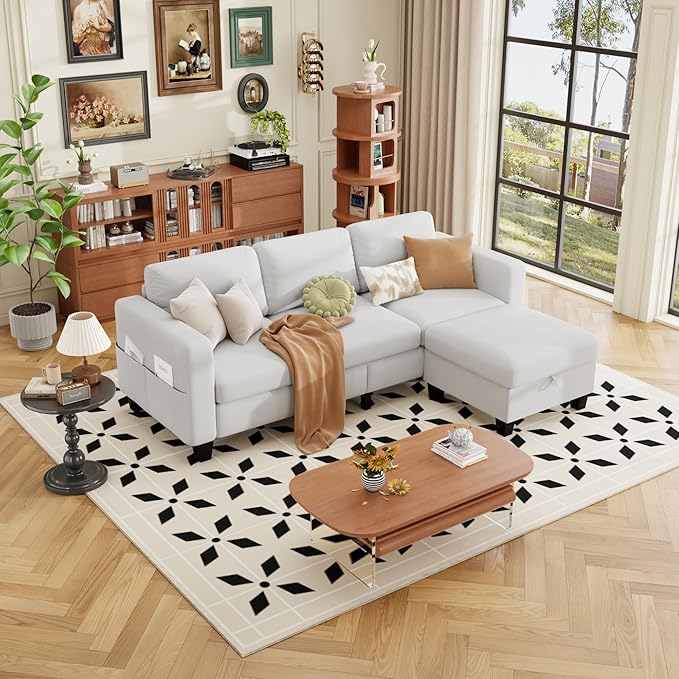 ZeeFu Sectional and Sofa Couches for Living Room - 78'' 3 Seater L-Shaped Modular Couch with Storage Ottoman - Modern Velevt Fabric Upholstered Sofa Set for Small Space Apartment Office