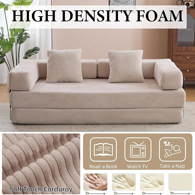 4-in-1 Convertible Folding Sleeper Sofa Bed, Fold Out Floor Sofa Couch with Fixed-Shape Frame, Cloud Corduroy Foldable Mattress Couch for Living Room Bedroom (77" Corduroy, Light Grey)