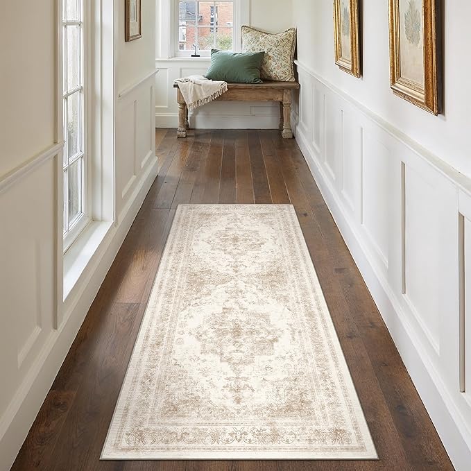 Runner Rug 2x6 Cream Hallway Washable Beige Carpet Non Slip Vintage Medallion Beige Carpet Low Pile Soft Distressed Retro Indoor Long Rug for Entryway Kitchen Bathroom Laundry Bedroom