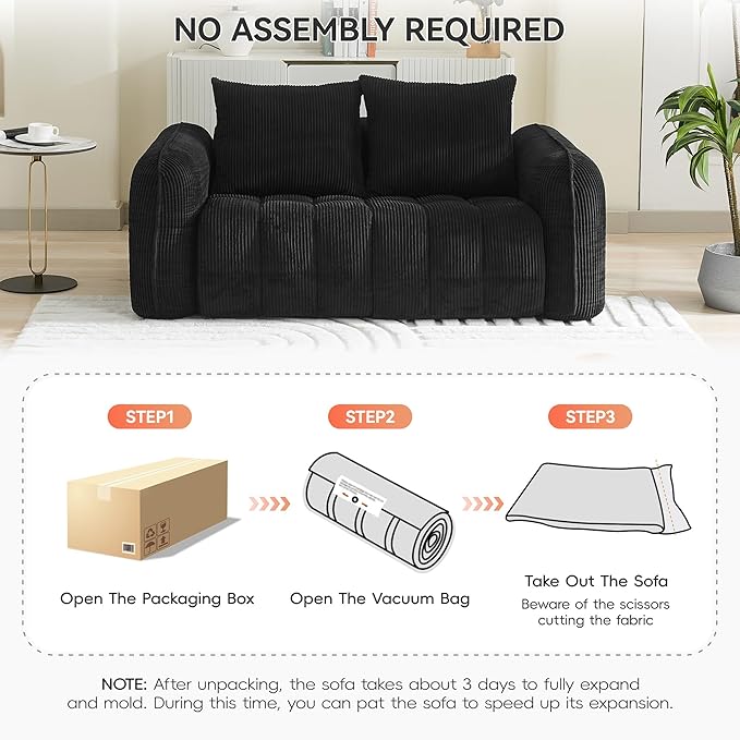 66'' Boneless Loveseat Sofa, 2 Seater Tufted Deep Seat Couch with Rounded Armrest, Upholstered Corduroy Cloud Couch for Living Room, Bedroom, No Assembly, Black
