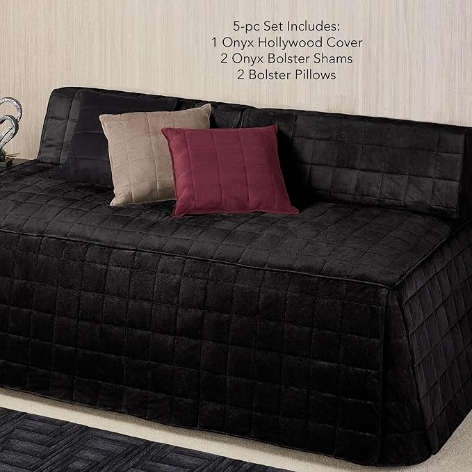 Camden Luxury Bedding | Neutral Onyx Black Color | Fitted Hollywood Daybed Bedding | Faux Suede Box Quilted Design | 5 Piece Set Includes Hollywood Cover, 2 Bolster Shams, and 2 Bolster Pillows