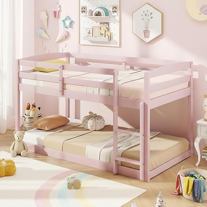 KOMFOTT Low Bunk Bed Twin Over Twin, Solid Wood Twin Bed Frame with Built-in Ladder & Safety Guardrails, Space-Saving Low Bunk Bed for Kids, Teens, No Box Spring Needed