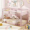 KOMFOTT Low Bunk Bed Twin Over Twin, Solid Wood Twin Bed Frame with Built-in Ladder & Safety Guardrails, Space-Saving Low Bunk Bed for Kids, Teens, No Box Spring Needed