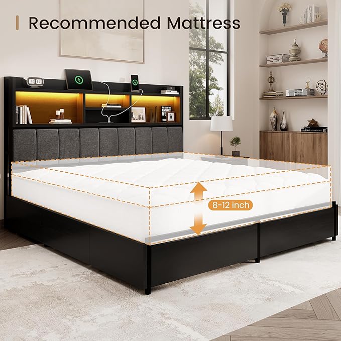 Queen Bed Frame with 6 Storage Drawers, Linen Upholstered Headboard, Built-in USB Charging Station & LED Lighting, Silent Metal Support, No Box Spring Needed, Vintage Black
