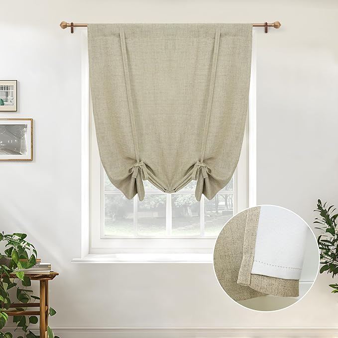 DriftAway Double Layer Linen Blackout Tie Up Curtains Thermal Insulated Fully Lined Balloon Roman Shade Bathroom Window Adjustable Rod Pocket for Small Window 25 Inch by 47 Inch Light Khaki Linen
