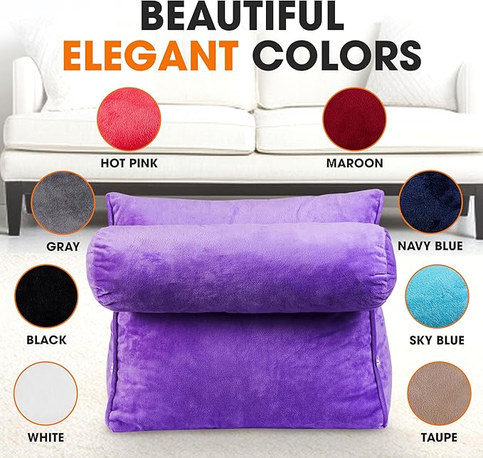Cheer Collection Reading Wedge Pillow - Adjustable Wedge Reading Pillow with Neck Support, Hollow Fiber-Filled Backrest Pillow for Reading, Gaming, and TV Watching, Purple