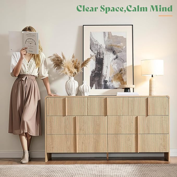 AMERLIFE 63" Fluted 7 Drawer Dresser, Wide Modern Chest of Storage Drawers with Pine Handles, Rounded Corners & Anti-Tip Design, Wood Closet Organizer for Bedroom, Living Room, Natural Oak