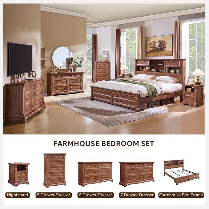 Farmhouse Queen Size Bed Frame with 54" Tall Storage Bookcase Headboard, Wood Platform Bed Frame with 18" Tall Roman Column Decoration Footboard & 2 Drawers, No Box Spring Needed(Reclaimed Barnwood)