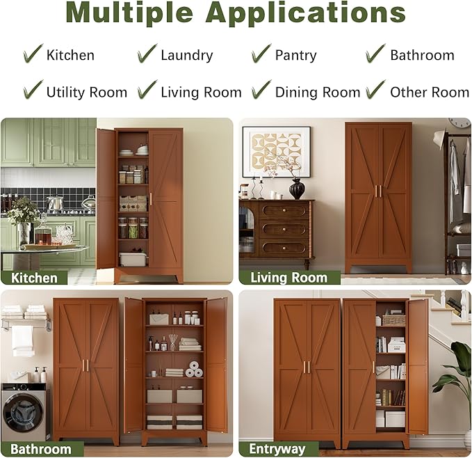 COFaR 5 Tier Metal Kitchen Storage Cabinets, 71" Pantry Cabinet with Doors and 4 Adjustable Shelves, Farmhouse Tall Cabinet for Pantry, Laundry Room,Living Room,Dinning Room (Antique Copper)
