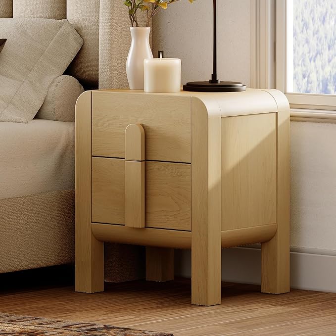 WAMPAT 23.7" Tall Modern Nightstands Set of 2, Wood Nightstand with Charging Station, Bedside Table w/2 Storage Drawers, Curved Profile Design, Sofa Side Table Accent Table for Bedroom, Oak