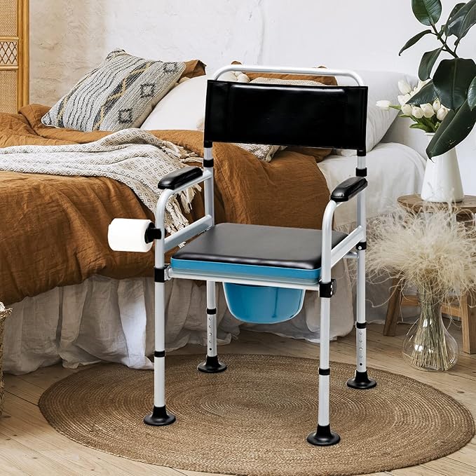 Goplus 4-in-1 Folding Bedside Commode, 440lbs Commode Chair for Toilet with Arms, Padded Seat, Height Adjustable Bedside Toilet, Shower Chair, Adult Potty Chair for Seniors Elderly Disabled Bariatric