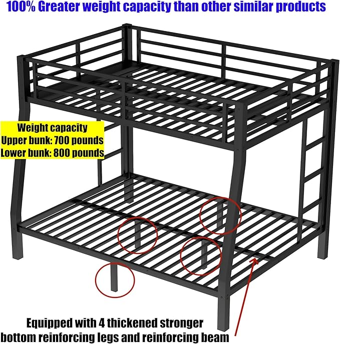 SIGONE Stronger & Safer Heavy Duty Full XL Over Queen Size Bunk Bed for Adults Teens, Thickened More Stable Metal Bunkbed Frame (Greater Weight Capacity) (Full XL Over Queen)