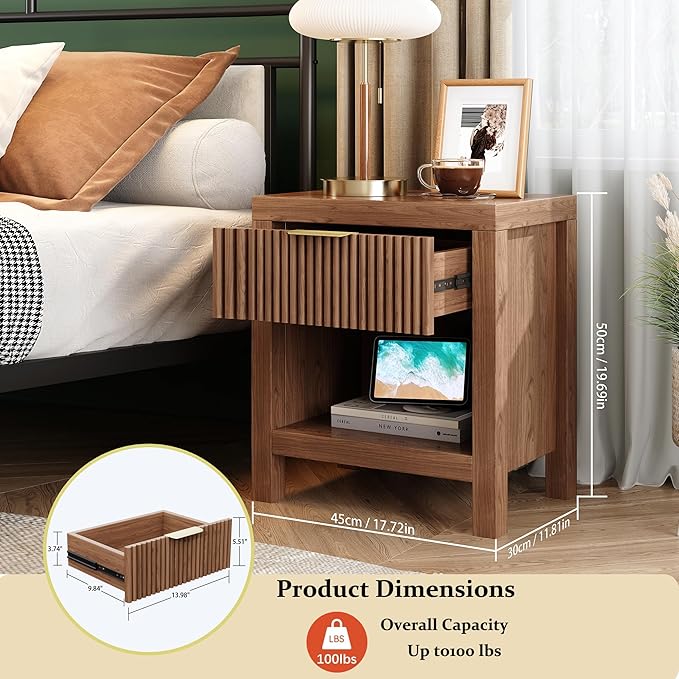 Nightstand Set of 2, End Table with 2 Drawers, Modern Bed Side Table with Storage, Farmhouse Fluted Cabinet Bedside Cabinet for Bedroom Living Room Sofa Couch Office (Walnut-2)