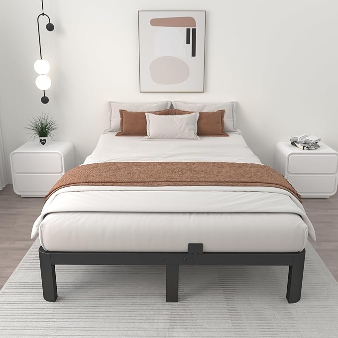 ITIMIDI 10 Inch Full Bed Frames, Platform Bed with Metal Gaskets, No Box Spring Needed, Heavy Duty Steel Slat Support, Anti-Slip Mattress Stopper, Round Corner Leg, Easy Assembly, Black