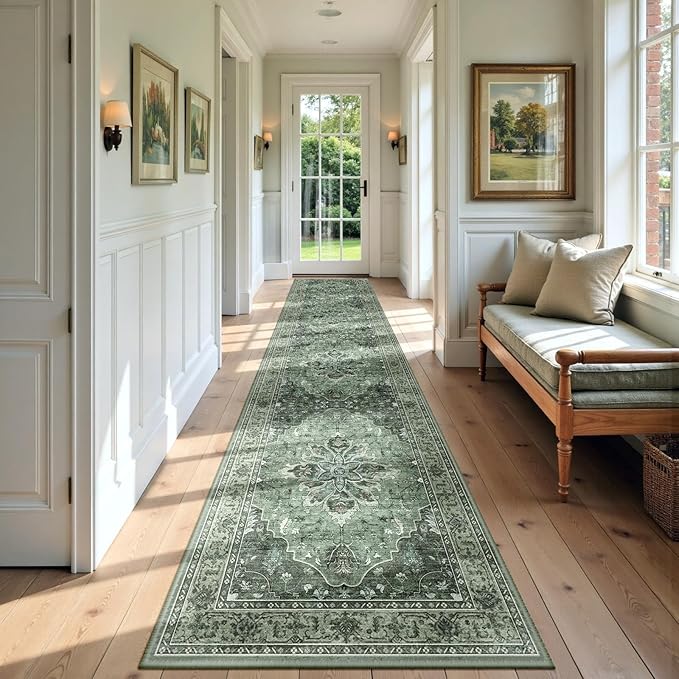 Area Rugs 2'6''x14' Washable Non-Slip, Floral Vintage Distress Print Pattern Medallion Carpet for Living Room Bedroom Dining Room, Dark Green Gray
