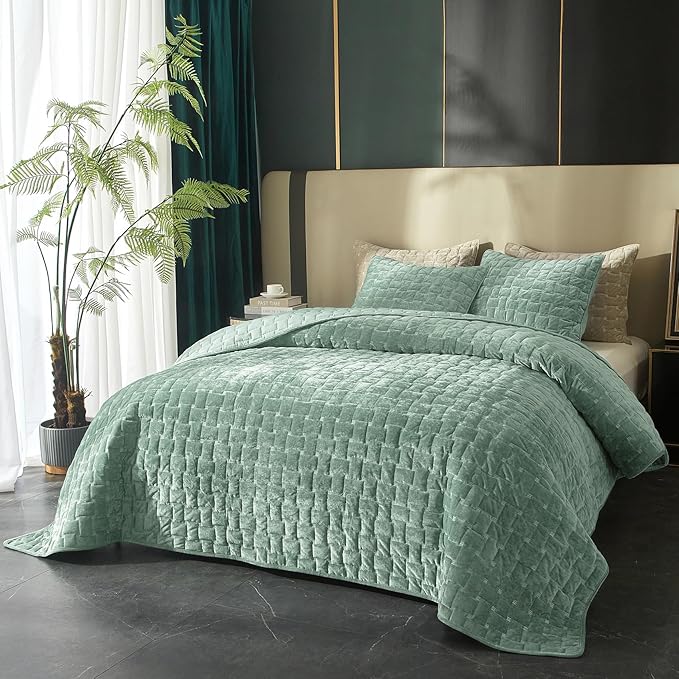 Powdion Velvet Quilt King Size, Oversized Bedspread Coverlet Quilted Bedding Set, Lightweight Velvet Comforter Set Luxury Coverlet Set for All Season with 2 Pillow Shams, 96x106 Aqua Green