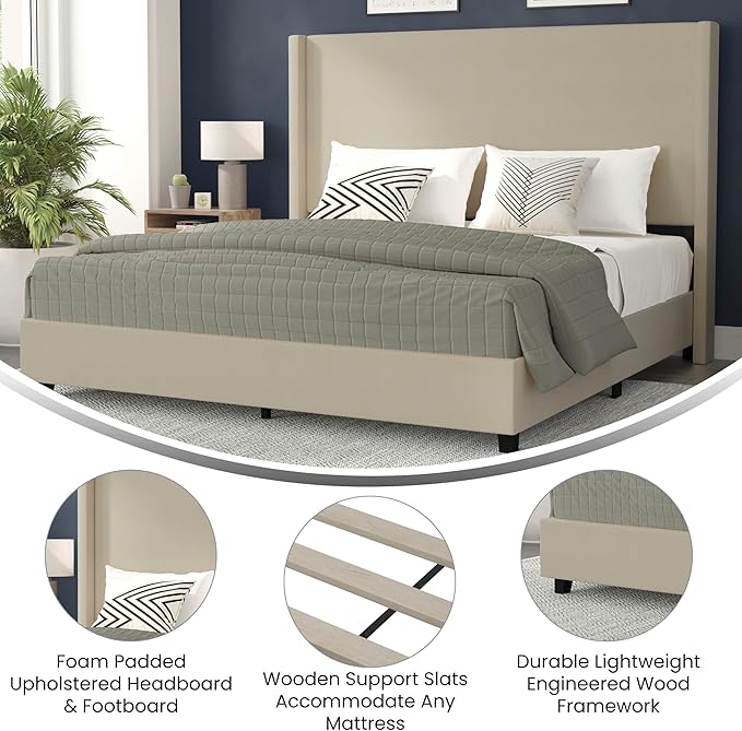 EMMA + OLIVER Nora King Size Faux Linen Upholstered Platform Bed with Plush Padded Wingback Headboard (No Box Spring Needed), Modern Upholstered Headboard King Bed Frame, Beige