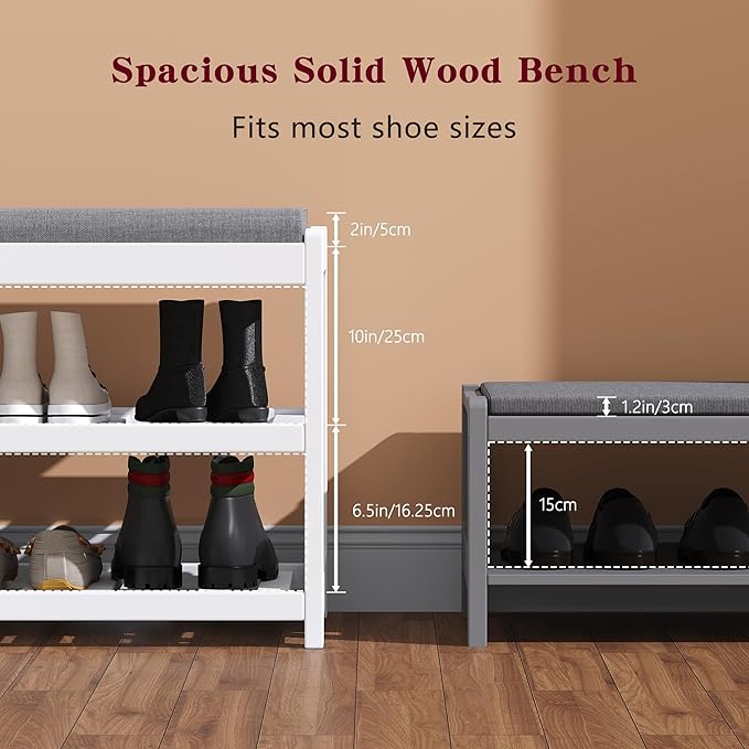 Shoe Bench Entryway, 100% Solid Solid Wood Shoe Rack Bench with Storage and Cushion Padded Seat, 3-Tier Shoe Organizer for Hallway Living Room, Mudrooms, White