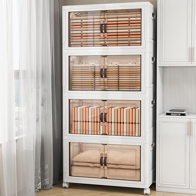 Storage Bins with Lids and Wheels, 660QT-165QT*4Tier Collapsible Bathroom Storage Cabinet with Clear Doors, Plastic Stackable Closet Organizers and Containers White