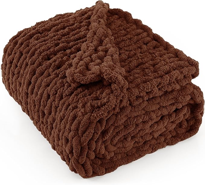 Chunky Knit Throw Blanket 50"X 60", 100% Handmade with Soft Chenille Yarn, 4.4lbs Thick Cable Knitted Blankets, Large Rope Knot Crochet Throws for Couch Sofa Bed Home Decor, Dark Brown