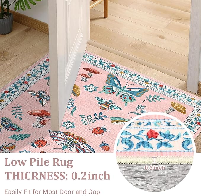 Mushroom Insect 8x10 Area Rugs, Washable Rugs for Living Room Non Slip Stain Resistant Low Pile Modern Butterfly Carpet for Bedroom Dining Room Nursery Playroom Office, Pink