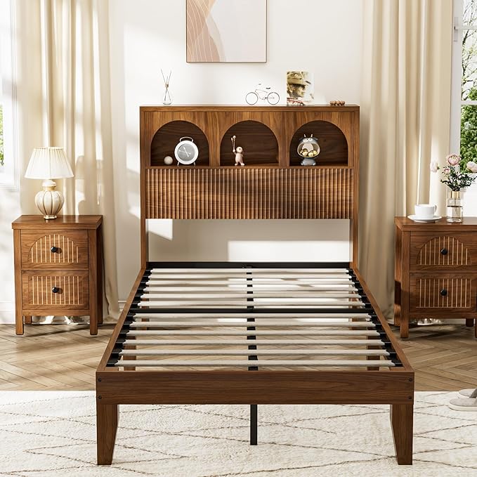 Twin Bed Frame with Wave Headboard, Wooden Headboard with 3 Arched Storage Compartments, Platform Bed with Wood and Metal Slats, No Box Spring Needed, No Noise (Twin-Walnut)