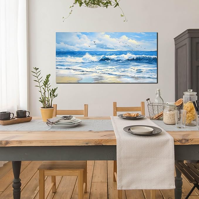 ENTANUB Ocean Wall Art for Bedroom, Sea Wave Wall-Decor for Living Room, Blue Picture Print, Size 48x24 Inches